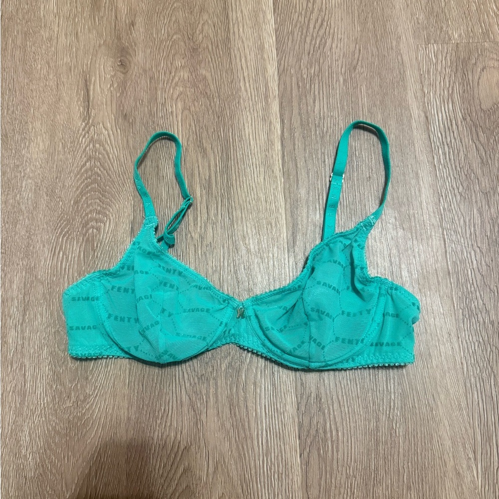 Savage X Fenty Flocked Logo Unlined Bra Green Lagoon Size 32B
